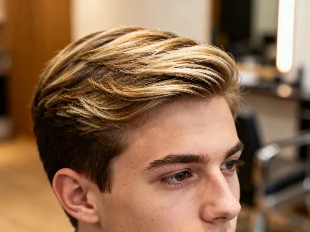 Mężczyzna z modną fryzurą z naturalnymi blond pasemkami w nowoczesnym salonie fryzjerskim.