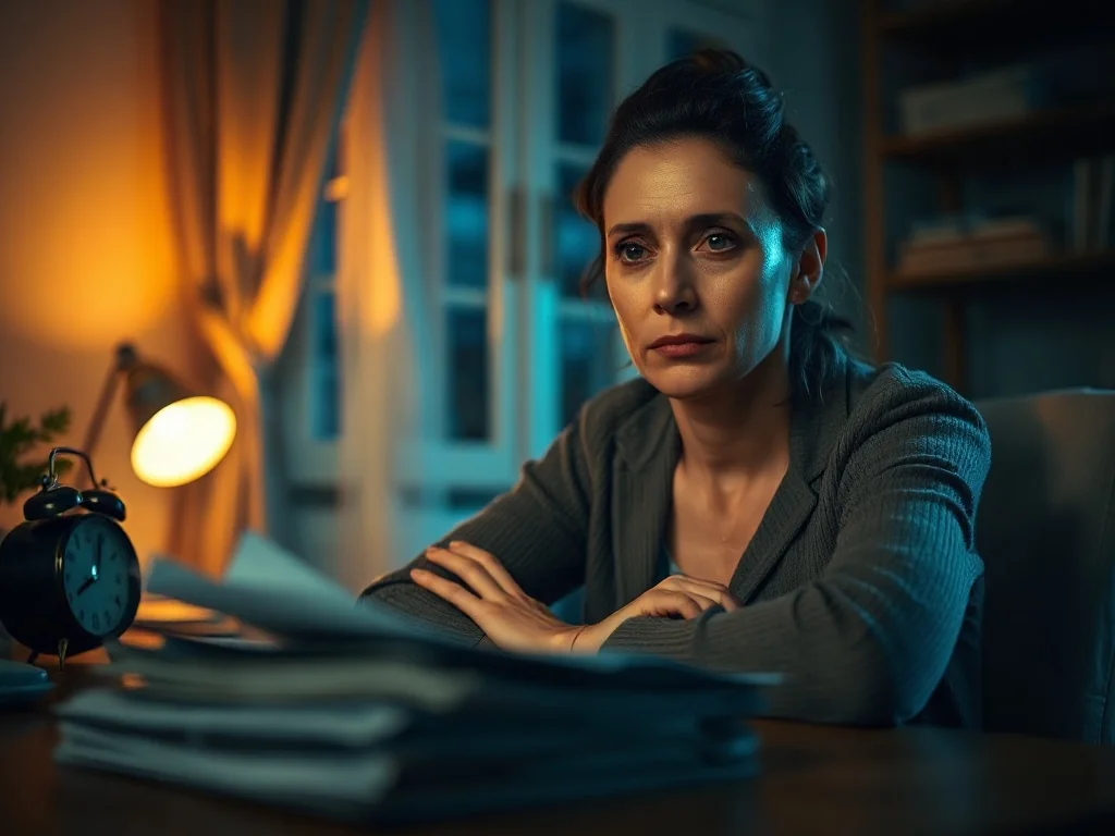 Zmęczona kobieta przy biurku w nocy, symbolizująca negatywne skutki deprywacji snu i przepracowania.