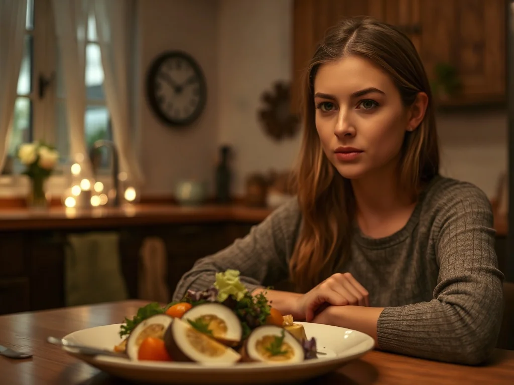 Kobieta przy stole z lekkim posiłkiem w wieczornej scenerii, z zegarem w tle sugerującym późną porę.