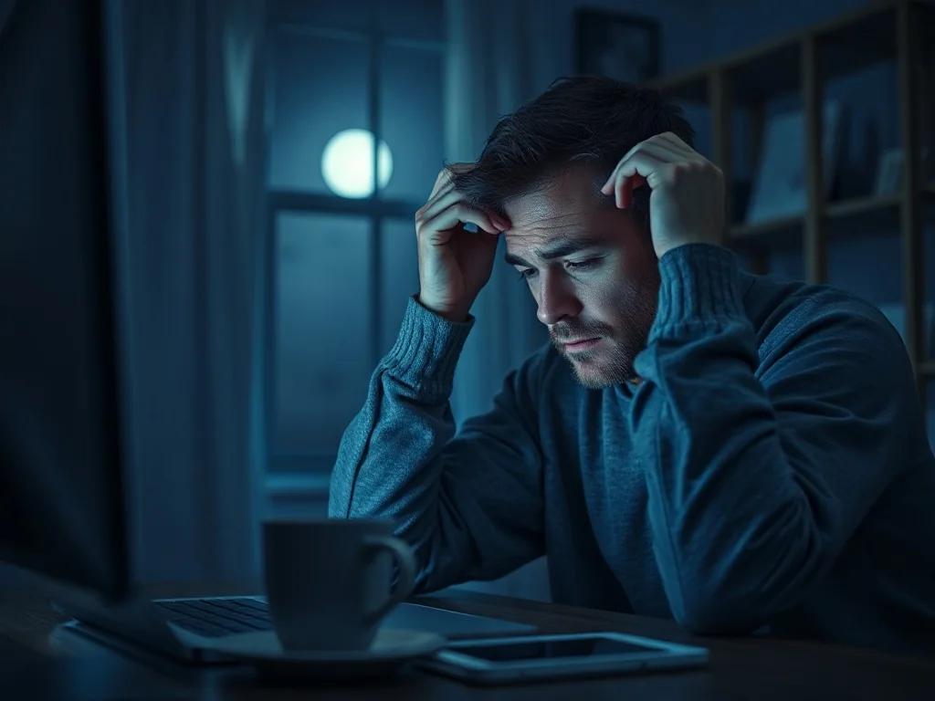 Wyczerpany mężczyzna przy biurku z laptopem i zimną kawą, obrazujący negatywne skutki długotrwałego niedoboru snu.