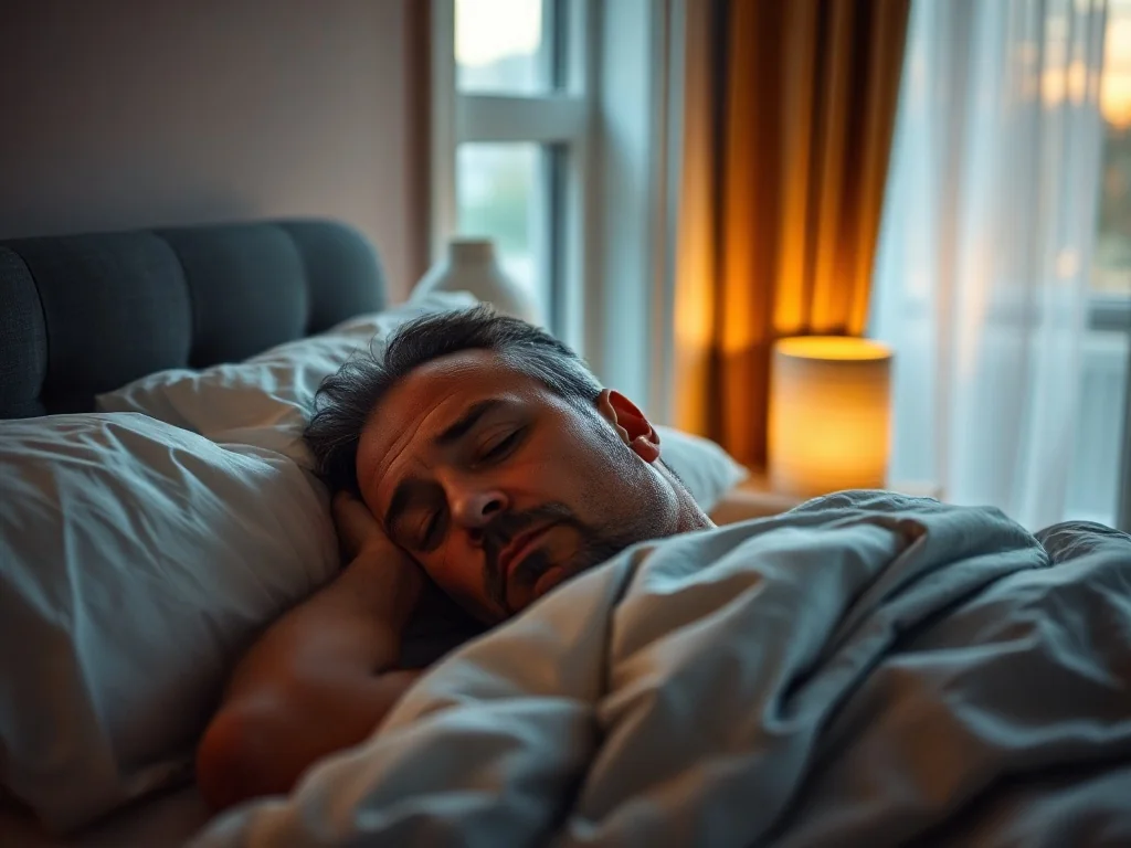 Pięćdziesięcioletni mężczyzna śpiący spokojnie w przytulnej, nowocześnie urządzonej sypialni o poranku.